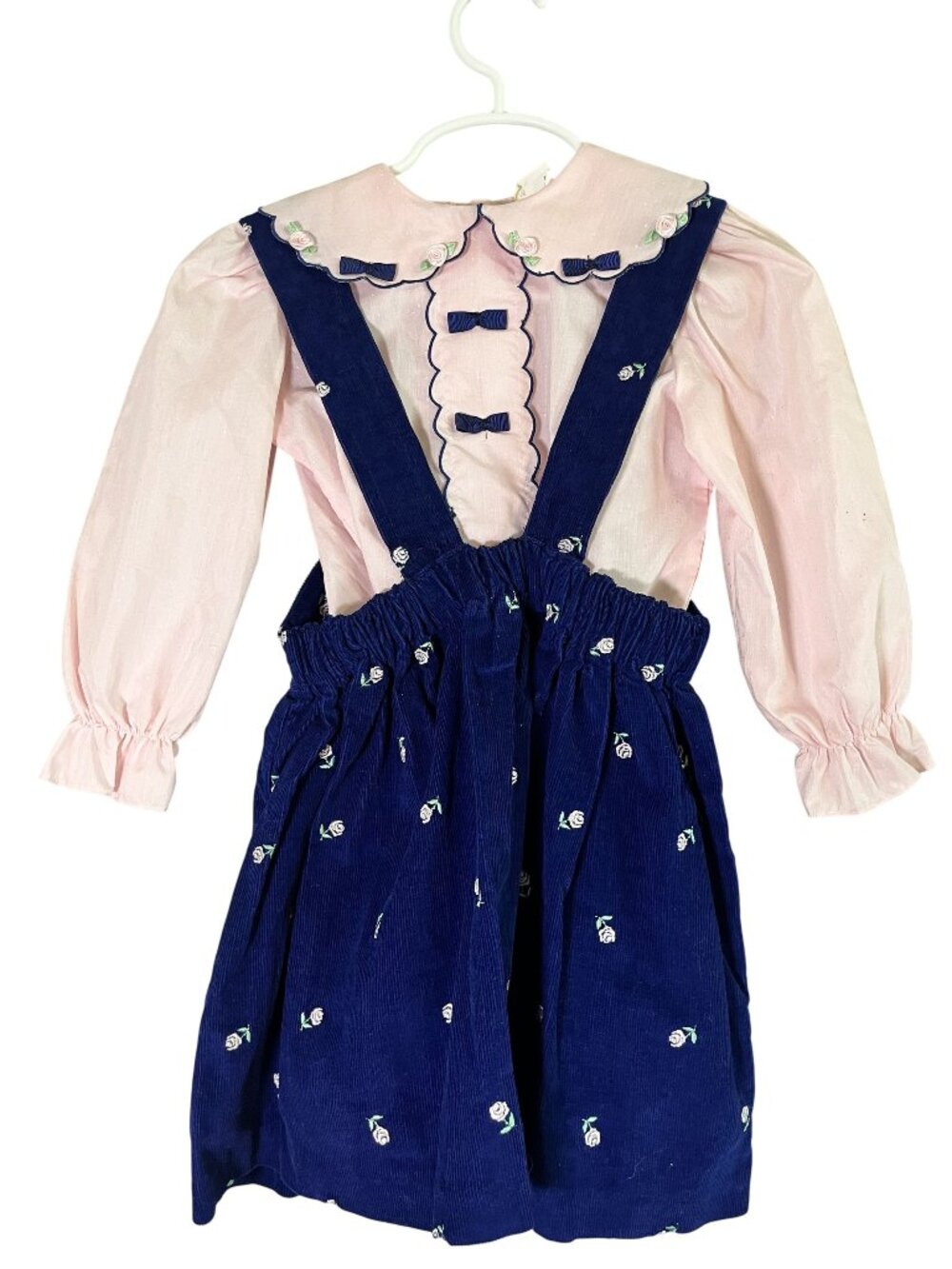 Vintage Corduroy Floral Overall Dress 2 Blue Retro Embroidery Heirloom Mod 80s